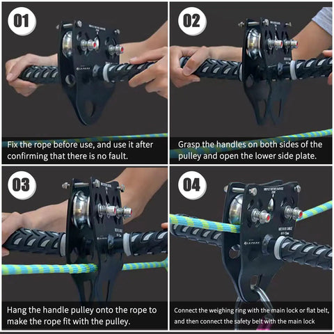 Step-by-step installation of Beefy Tandem Speed Double Pulley System For Zip Lines 45kN Break Load High Tensile Steel Alloy