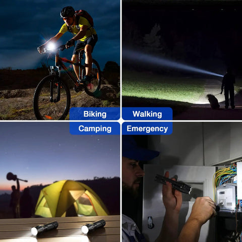 Two Pack Beast Bright 1500 Lumen LED Flashlights With Five Modes Zoomable Waterproof Tactical Torch For Camping Hiking Emergencies And Home Use Batteries Not Included demonstrated for biking, walking, camping, and emergency situations.