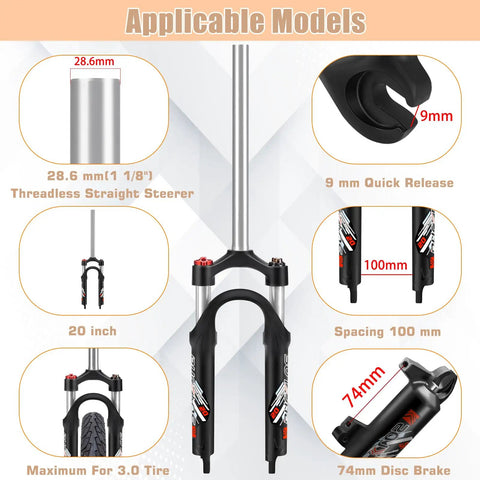 20 Inch Folding Mountain Bike Coil Suspension Fork With 50Mm Travel, 28.6Mm Threadless Straight Steerer, 9Mm QR Axle, Crown Lockout, Disc Brake Front Fork For Hardtail And Commuter Rigs diagram