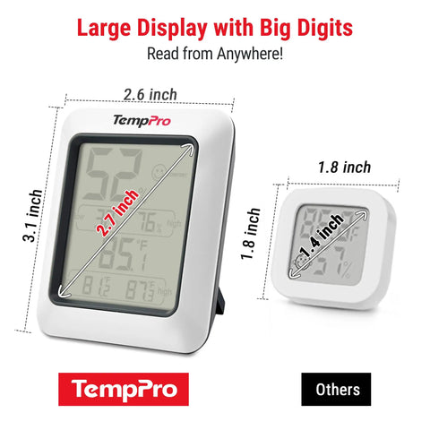 TP50 Digital Hygrometer And Indoor Thermometer With Wellness Indicator Shows Dry Comfort Wet Humidity Levels, high-contrast large display size comparison