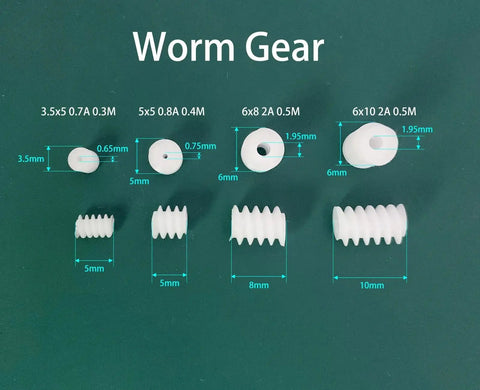 10 Pack 0.3 Module Plastic Mini Worm Gears Kit, various dimensions and sizes displayed on green background