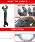 Hub cone wrench and chain hook from All In One Bike Repair Gear Kit For Mountain Bikes 9 Piece Set with sizes labeled