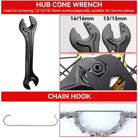 Hub cone wrench and chain hook from All In One Bike Repair Gear Kit For Mountain Bikes 9 Piece Set with sizes labeled