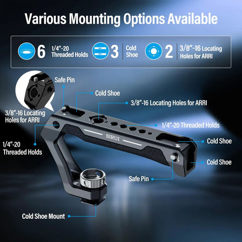 Universal Camera Cage Top Handle With Cold Shoe Mount and Anti Off Safety Pin showing various mounting options