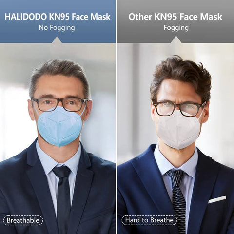 Comparison of two men wearing masks; left: Blue Halidodo KN95 Face Mask No Fogging; right: White KN95 Face Mask Fogging