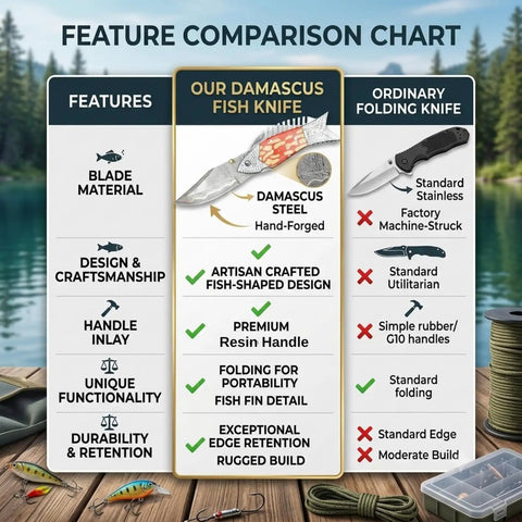 Comparison chart of Copper Damascus Fish Style Folding Knife With Ladder Pattern Blade Handcrafted EDC Pocket Knife.