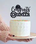 Congrats Engineer Cake Topper For Graduation Party Decor Future Engineer Theme Class Of 2026 Black Glitter Topper Reusable Eco Friendly Cardboard Decoration Supplies For Party on white cake