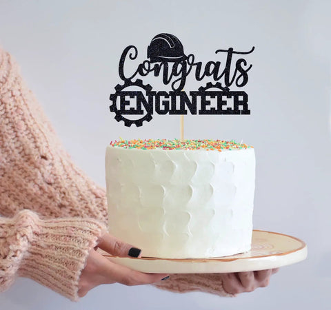 Congrats Engineer Cake Topper For Graduation Party Decor Future Engineer Theme Class Of 2026 Black Glitter Topper Reusable Eco Friendly Cardboard Decoration Supplies For Party on white cake