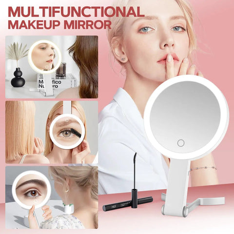 Woman using 30X Magnifying Makeup Mirror With Light for eyebrow detailing, surrounded by LED lit reflections, on pink background