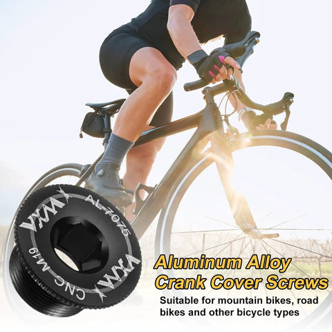 Crank Cover Screw Set M19 For Mountain Bikes Aluminum Alloy Black Finish, shown with cyclist on road bike for context.