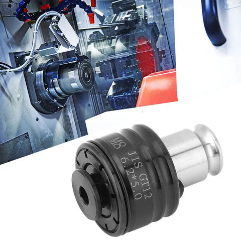 GT12 Compact Tapping Collet Chuck For Drill Accessories, black and metallic design, shown with industrial machinery backdrop.