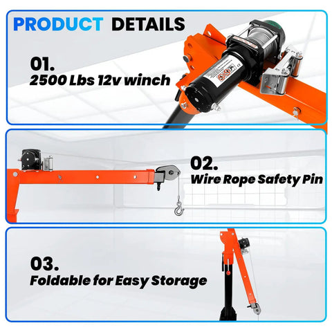 Beefy Electric Pickup Truck Crane With 1800 Lbs Lift Folding Truck Bed Crane And 2500 Lbs 12V Winch detail features image