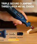 Cordless Rotary Tool Kit Mini 7.4V USB Rechargeable 12 Speed Power Drill in use with sanding accessory, blue handheld design.