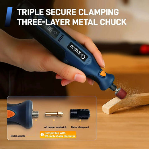 Cordless Rotary Tool Kit Mini 7.4V USB Rechargeable 12 Speed Power Drill in use with sanding accessory, blue handheld design.