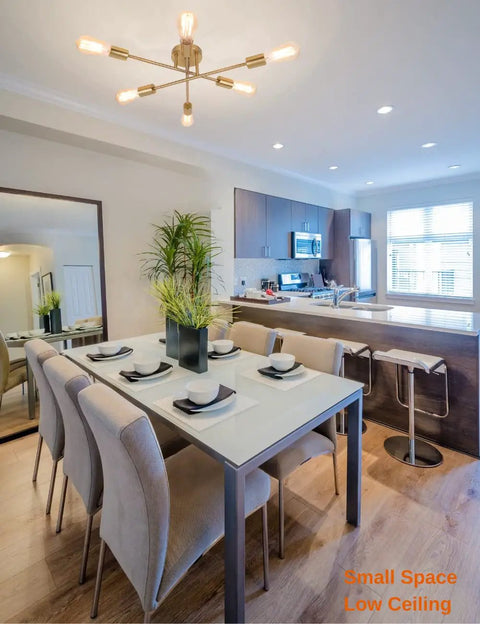 Modern Sputnik Ceiling Light Fixture With Gold Finish For Bedroom Kitchen Dining And Living Room in a modern kitchen.