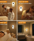 Collage showcasing Two Pack Bathroom Clock With Dimmable Night Light And Remote Shower Timer in various home settings.