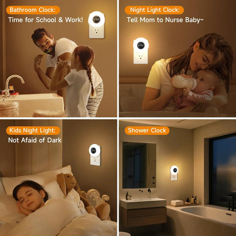 Collage showcasing Two Pack Bathroom Clock With Dimmable Night Light And Remote Shower Timer in various home settings.