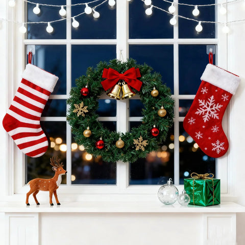 Christmas wreath with red and gold ornaments, striped and snowflake stockings, and festive decorations on window sill