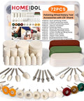 72 Piece Buffing Wheel Polishing Kit for Rotary Tools 1 Eighth Inch Shank Includes Wool Felt Cotton Mounted Wheels Pro Grade Abrasive Compounds And Wire Buffs for Metal Jewelry And Auto Detailing, showing displayed components and packaging.