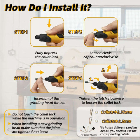 Installation steps for All In One Resin Sanding And Polishing Kit for 3D Printed Models, showing tool adjustments and collet usage.