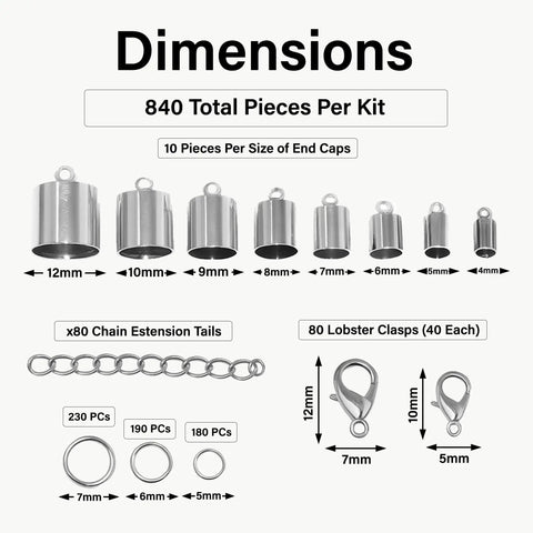Silver Tone Leather Cord End Caps 4mm To 12mm For Jewelry Making And Kumihimo Easy Glue In Cylinder Ends With Loops kit display