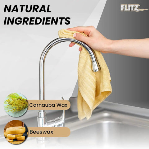 Hand cleaning faucet with cloth using Faucet Wax Plus 7.6oz USA Made Water Based Cleaner And Polish For Water Stains Fingerprints