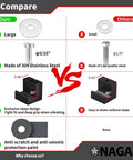 Comparison chart showing features of No Sweat Truck Tool Box Mounting Kit with 304 stainless steel components and unique design.