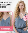 Woman using Stitch Gun For Clothes And Tagging Gun Handheld Portable Grab And Go Quick Clothing Fixer near denim top.