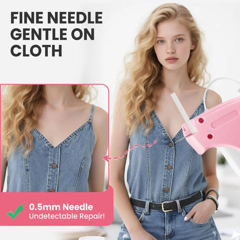 Woman using Stitch Gun For Clothes And Tagging Gun Handheld Portable Grab And Go Quick Clothing Fixer near denim top.