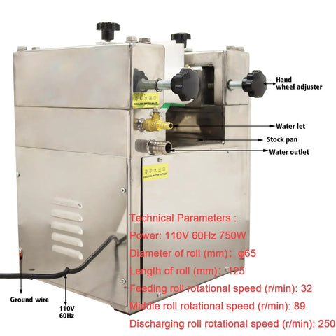WYDDDARY Lab Three Roll Grinder With 304 Stainless Steel Housing, side view showing water inlet and handwheel adjustment.