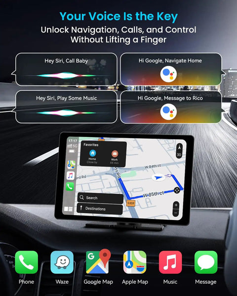 Ultra Slim 11 Inch Wireless CarPlay Screen for cars with Android Auto and 4K dash cam displaying navigation and voice control interface