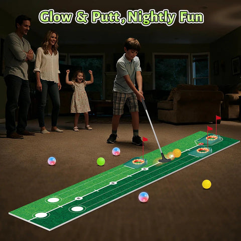 Boy playing with Glow In The Dark Kids Golf Putting Set With Light Up Balls Putter Putting Mat 3 Holes And 6 Balls Indoor Outdoor Yard