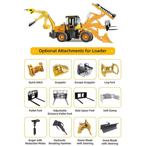 Image of a compact backhoe loader with front end loader and rear excavator surrounded by various optional attachments.