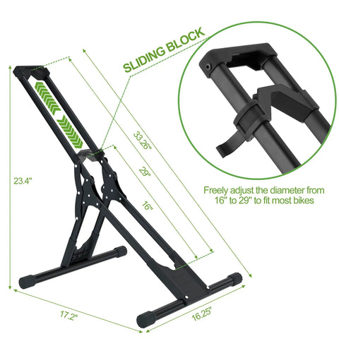 Adjustable Bike Storage Stand For Indoor And Outdoor Use Beefy Yet Lightweight Floor Parking Rack that holds mountain and road bikes securely.