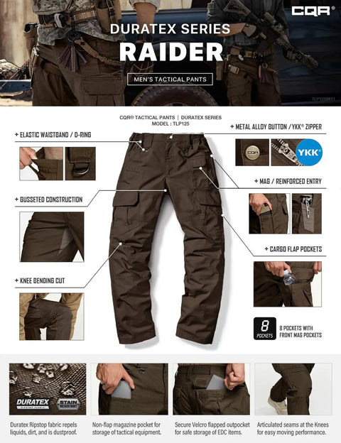 Men's Tactical Ripstop Cargo Pants With Water Resistant Duratex Fabric, Lightweight EDC And Hiking Pants shown with features