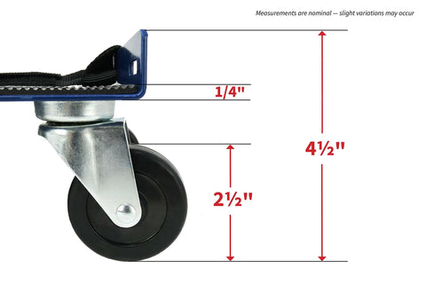 Side view of caster wheel from Beefy Three Piece Snowmobile Dolly Set with 990 lb Capacity, showing detailed measurements and blue finish.