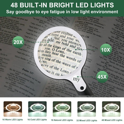 Rechargeable Illuminated Handheld Magnifier With 48 LED Lights, 10X 20X 45X Zoom, shown magnifying text from a book