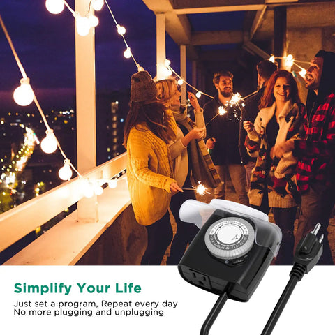 Heavy Duty Mechanical 24 Hour Outdoor Timer Outlet With Waterproof Cover, used for outdoor lighting setup during a celebration.