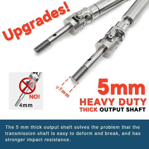 Tough As Nails Stainless Steel Rear CVD Drive Shafts For Traxxas Slash 2WD showing 5mm thick output shafts with detailed measurements.
