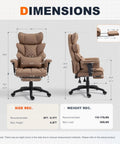 Dimensions diagram of Big And Tall Office Chair With Pocket Spring Cushion And Plush Back, front and side view, brown PU leather.