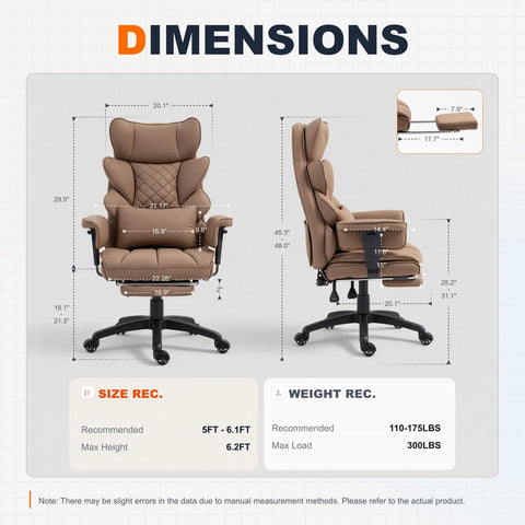 Dimensions diagram of Big And Tall Office Chair With Pocket Spring Cushion And Plush Back, front and side view, brown PU leather.
