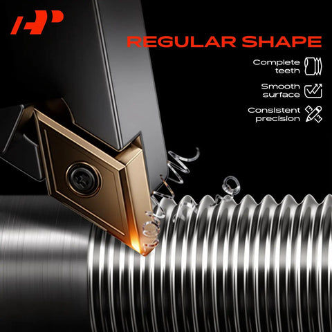 Close-up of cutting tool crafting a metal thread with complete teeth, smooth surface, and consistent precision.