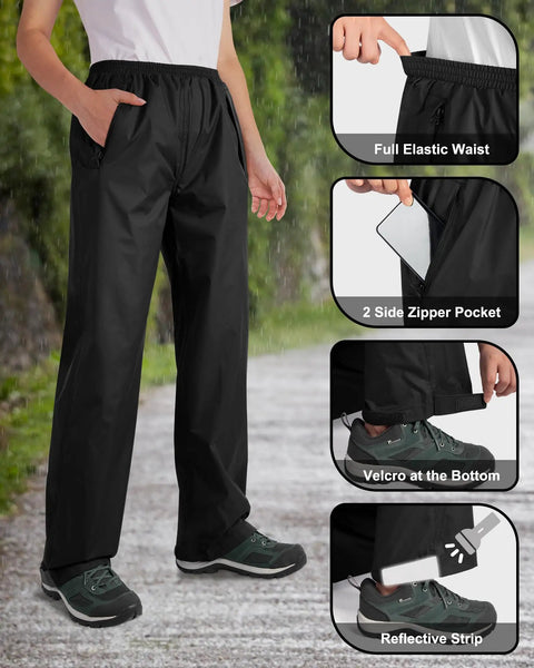 Woman wearing Women Grab And Go Packable Waterproof Rain Pants Lightweight Windproof Overpants for Golf and Hiking Black