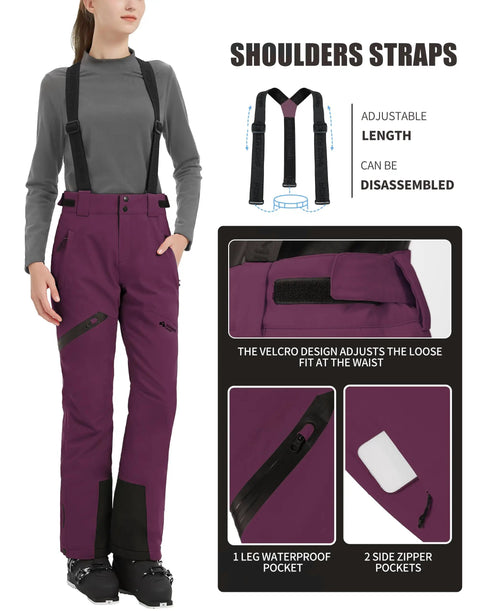 Ladies Snow Bibs With Removable Suspenders Waterproof Insulated Snow Pants For Skiing And Snowboarding And Hiking Raspberry