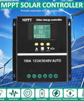 100A MPPT Solar Charge Controller With LCD Display in front of blue sky and solar panels, showing voltage readings on screen
