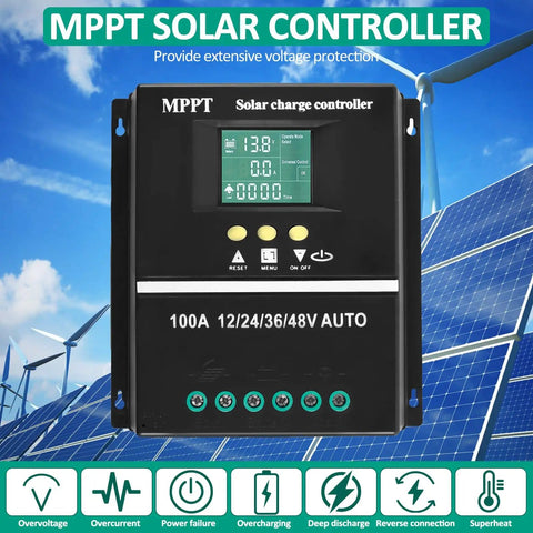 100A MPPT Solar Charge Controller With LCD Display in front of blue sky and solar panels, showing voltage readings on screen
