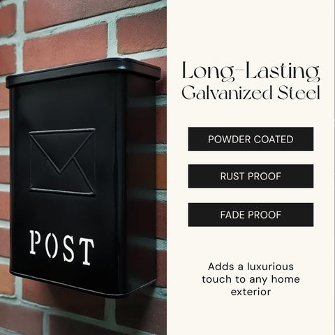 Classic London Style Wall Mount Mailbox In Black Matte Finish Outdoor Front Door Mailbox Weather Resistant Covered Mailbox For Outside Wall 9.5 x 4.72 x 14.96 Inches Old School Charm For Modern Homes mounted on brick wall showcasing rust and fade proof features