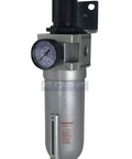 Heavy Duty High Flow Air Pressure Regulator With Particulate Filter And Auto Drain Water Trap For Compressed Air Systems Three Quarter Inch NPT Regulates Seven To One Hundred Seventy Five PSI 160 CFM Metal Bowl With Sight Glass Wall Mount Bracket showing front view with gauge and bracket