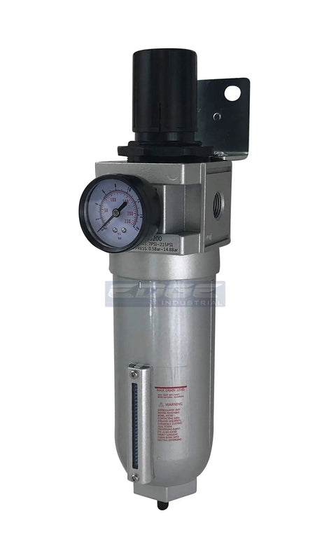 Heavy Duty High Flow Air Pressure Regulator With Particulate Filter And Auto Drain Water Trap For Compressed Air Systems Three Quarter Inch NPT Regulates Seven To One Hundred Seventy Five PSI 160 CFM Metal Bowl With Sight Glass Wall Mount Bracket showing front view with gauge and bracket