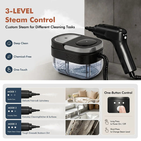 Heyvtoryin 2500W Steam Cleaner For Home With 1.6L Tank And Quick Heat Up To 3 Seconds showing 3 steam levels control panel and attachments.